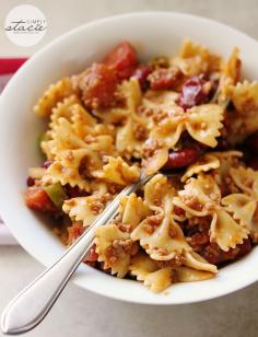 Chili Pasta Salad- tender bowtie noodles mixed with a spicy chili and tangy garlic dressing make a delicious pasta salad!