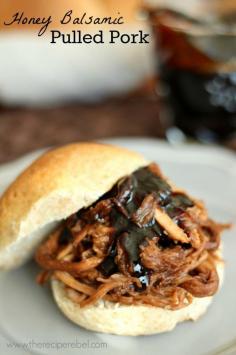 Slow Cooker Honey Balsamic Pulled Pork -- the best pulled pork! Sweet and tangy.
