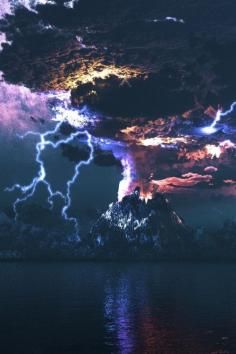 
                        
                            An erupting volcano along with thunder and lightening.
                        
                    