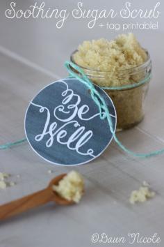 
                    
                        This DIY Soothing Sugar Scrub has vaporizing essential oils that are so welcoming when you're under the weather. Print and attach the "Be Well" tag for a wonderful handmade Get Well gift! bydawnnicole.com
                    
                