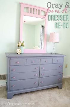
                    
                        Beautiful dresser transformation with chalk paint.  Love the gray and pink color combination, and those pink acrylic knobs!
                    
                