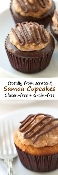
                    
                        These grain-free Samoa cupcakes feature a coconut flour and brown sugar based cupcake and homemade coconut caramel topping!
                    
                