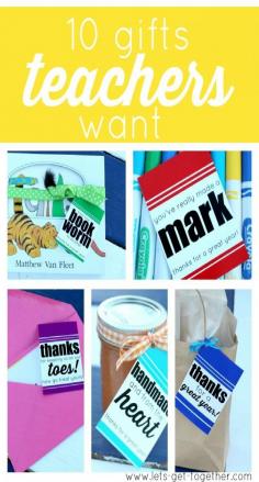
                    
                        10 Gifts Teachers Want from Let's Get Together - awesome gift ideas and free printable gift tags. Love the pedicure idea! #gifting #teachergifts
                    
                