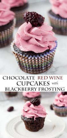 
                    
                        Chocolate Red Wine Cupcakes - a rich dark chocolate cupcake is filled with marion blackberry compote and topped with fluffy buttercream ~ blahnikbaker.com
                    
                