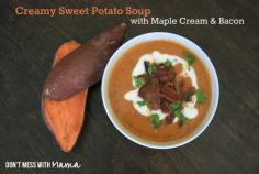 
                    
                        Creamy Sweet Potato Soup with Maple Cream and Bacon (gluten free) - Don't Mess with Mama.com
                    
                