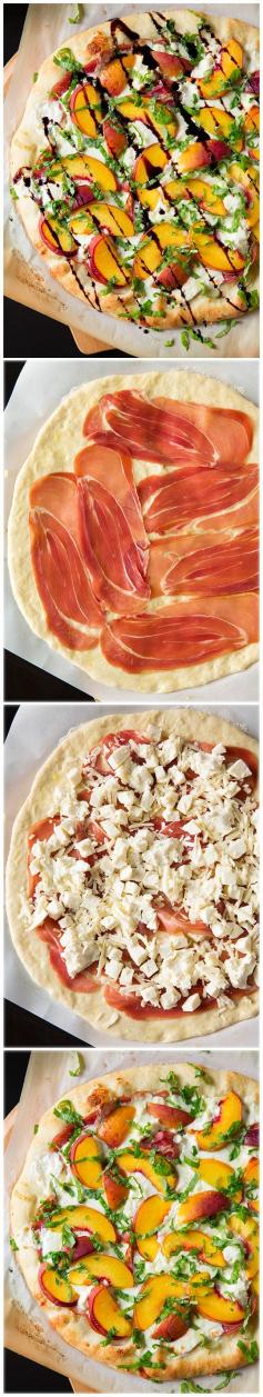 
                    
                        Three Cheese Peach and Prosciutto Pizza with Basil and Honey Balsamic Reduction - it's AMAZING!! A summer must try pizza for sure!
                    
                
