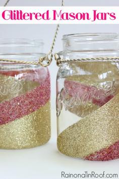 
                    
                        Want to update the look of your mason jars a bit? Learn how to glitter mason jars in 30 minutes or less. These are perfect for lanterns! via RainonaTinRoof.com
                    
                