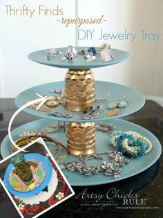 
                    
                        Thrifty Makeovers - Swap It Challenge - DIY Repurposed Jewelry Teired Tray - Old plastic plates and juice glasses repurposed into a 3 tiered jewelry tray!  SO Easy!!! #repurposed #diy artsychicksrule.com
                    
                