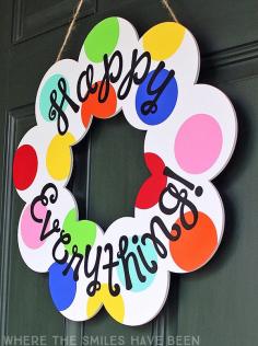 
                    
                        This is AWESOME!!  I love how it's so colorful and cheery, and that you can hang it anytime of year!  Year-Round Happy Everything Wreath: A Coton Colors Knock Off! | Where The Smiles Have Been
                    
                