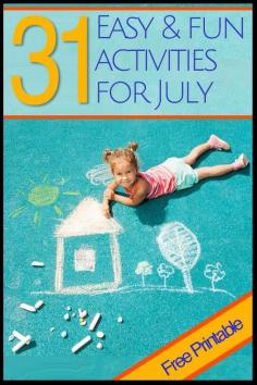 
                    
                        31 Easy Activities for July - 31 days of EASY, SIMPLE, Summer Fun for kids with a FREE printable calendar to download and print.
                    
                