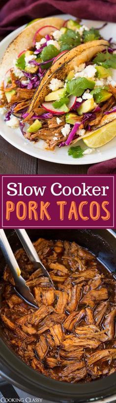 
                        
                            Slow Cooker Pork Tacos - one of my ALL TIME FAVORITE taco recipes! Got RAVE reviews, better than our favorite Mexican restaurant! So flavorful and tender. Make the sauce the night before to save prep time in the morning.
                        
                    