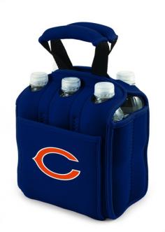 Chicago Bears 6-pack cooler tote. This Bears beverage caddy is the perfect way to carry your drinks when planning to enjoy beverages away from home. The six-pack carrier is an insulated beverage carrier that fits most water, beer, and soda in bottles or cans up to 20 oz, allowing you to carry an assortment of beverages. It is made of black, durable neoprene and features a front pocket and reinforced handles. All licensed products have been approved by the team; however, Picnic Time is considered a designer line. The product color may not be an exact match to the team color.
