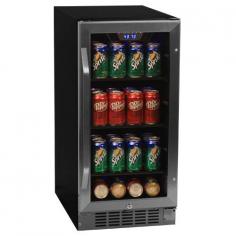 EdgeStar 80 Can Built-In Digital Beverage Cooler (CBR901SG) offers a front-venting undercounter refrigeration solution at an affordable price. LED lighting, reversible tempered glass door with stainless steel trim and flat bar handle showcase beverages, while the black dotted glass door tint prevents UV rays from getting into the beverage cooler and heating up or harming your drinks. A soft touch electronic control panel with digital display ensures beer and beverages are as cold as desired, while a safety lock ensures protection. This EdgeStar built in beverage refrigerator keeps up to 80 12 oz. cans cold at a temperature range between 38 and 50 degrees Fahrenheit. The CBR901SG offers three (3) glass shelves for easy-to-access beverage storage, so you can be sure to grab a cold one whenever. A built-in carbon filter acts as a natural barrier between your drinks and odors from the air, so none of those odors will tamper with the drinks stored in the unit. Ideal for a game room, garage, kitchen, and many other places, this beverage cooler will be great for you and your friends to relax with a few cold drinks. Slim 15 Width: A slender 15 width fits perfectly into small undercounter areas, perfect for replacing a space formerly filled by a trash compactor Built In and Freestanding Capabilities: Fan-Forced front ventilation allows flush with cabinet installation for undercounter wine storage or freestanding application Digital Controls: Soft touch electronic controls allow easy temperature adjustment and monitoring through digital display Rubber Bushing Installed Compressor: Compressor-based cooling system ensures optimum beer and beverage temperature while rubber bushing minimizes vibration and noise Upscale Display Features: Elegant glass shelves and blue LED interior lighting showcases beer, beverages, and wine Specifications: Auto defrost all refrigerator Reversible tempered glass door Black dotted glass d