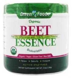 Green Foods' Beet Essence is a delicious and nutrient-dense soluble powder made from the juice of organic and fresh red beets. FAST AND EASY TO USEBeet Essence&trade; is perfectly suited for modern day life - it's portable and easy-to-use. It is a healthful way to boost your nutrition at any time with a sweet beet juice drink that can be made in seconds without the hassle and clean up that juicing requires. BIOAVAILABLE NUTRIENTSJuice powder, no fiber: Beet Essence is a juice extract, it does not contain indigestible fiber. By juicing fresh red beets and removing the indigestible fiber our bodies can more readily absorb and utilize the vitamins, minerals, fatty acids, amino acids and antioxidants. ANTIOXIDANTSBeets are rich in antioxidants and contain a very unique blend not found in any other vegetable. They are a great source of vitamin C, manganese and the famous carotenoids, lutein and zeaxanthin. This unique blend of antioxidants help to support healthy nerve tissue and eye health.&dagger;ANTI-INFLAMMATIONMany of the phytonutrients found in beets, including betalains, have been shown to help reduce and prevent inflammation. Their ability to inhibit the activity of certain enzymes that trigger inflammation in the body may prevent many inflammation related diseases.&dagger;DETOXIFICATIONOur bodies are exposed to toxins on a daily basis and require extra detoxification support to be healthy. When our bodies are not able to get rid of toxins on their own, it can lead to many chronic conditions and diseases. During detoxification, our body goes through three different phases, the most important being phase two. In this phase, our cells neutralize the toxins by combining them with other nutrients and making them water-soluble for excretion. The betalain nutrients found in beets have been shown to support and trigger activity in this important phase of detoxification.