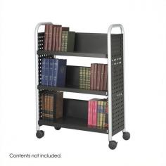 Durable steel metal frame and shelves. Black powder-coat finish. Single-sided design with 3 deep, angled shelves. Oversize casters for easy transport. Dimensions: 32.5W x 13.75D x 45H inches. The Scoot 3-Shelf Book Cart is an all-steel cart featuring tubular steel legs and a durable black powder-coat finish. Over-sized casters facilitate smooth transport and precise maneuverability of books and other reference materials. This single-sided cart has three slanted shelves each measuring 12.5 inches deep with 12.25 inches of clearance between shelves allowing room for tall volumes. About Safco ProductsSafco products were specifically developed to meet the changing needs of the business world offering real design without great expense. Each product is designed to fit the needs of individuals and the way they work by enhancing comfort and meeting the modern needs of organization in the workplace. These products encourage work-area efficiency and ultimately work-life efficiency: from schools and universities to hospitals and clinics from small offices and businesses to corporations and large institutions airports restaurants and malls. Safco continues to offer new colors new styles and new solutions according to market trends and the ever-changing needs of business life. A book cart to satisfy any librarian, the steel frame is sturdy and the slanted shelves keep books in their place. The three shelves provide 12.25 inches of clearance to accommodate even large books. This cart has over-sized casters, two locking, to make transporting even heavy loads a breeze.