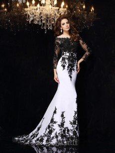 Sheath/Column Long Sleeves Scoop Lace Chiffon Court Train Dresses