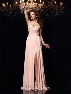 A-Line/Princess Halter Sleeveless Lace Sweep/Brush Train Chiffon Dresses