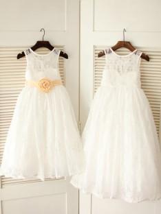 A-line/Princess Scoop Floor-length Lace Flower Girl Dresses with Sash/Ribbon/Belt