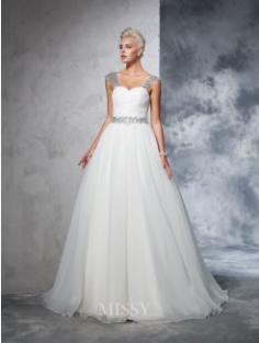 Ball Gown Sleeveless Straps Net Ruched Chapel Train Bridal Wedding Dresses