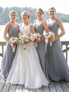 Grey Chiffon V-neck A-Line/Princess Floor-Length Bridesmaid Dresses