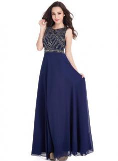 $99 Vintage Dark-Navy Sleeveless Crystals Chiffon Long Prom Dresses