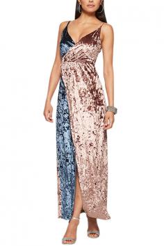 Shimmer Velvet Pink Spaghetti Straps Dress Patchwork Sleeveless