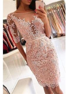 $129 2018 Pink Sheath Homecoming Dresses | Half Sleeves Knee Length Hoco Dress