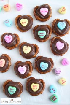 Conversation Heart Chocolate Pretzels are an easy dessert for Valentine's Day school parties or gifts! Kids will love picking out their favo...