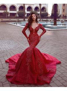 Fashion Rote Abendkleider Lang Günstig | Abendkleid Mit Ärmel