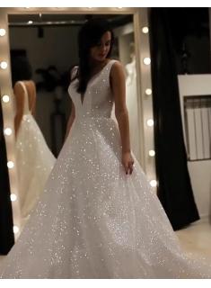 Elegante Abendkleider Lang Weiß Günstig | Abendkleid mit Glitzer