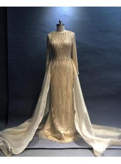 Luxus Abendkleider Lang Champagne | Abendmoden Abendkleid Mit Ärmel