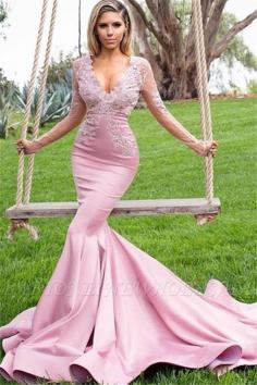 Mermaid Pink Appliques V-Neck Long Sleeves Prom Dresses | www.babyonlinewholesale.com