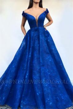 A-Line Royal Blue Off-The-Shoulder Appiques Prom Dress | www.babyonlinewholesale.com