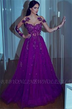 A-Line Gorgeous Purple Lace Appliques Long-Sleeves Tulle Prom Dresses | www.babyonlinewholesale.com