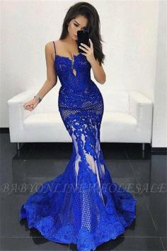 Spaghetti Straps Royal Blue Lace Evening Gown | Sexy Mermaid Sleeveless Prom Dress BA7905 | www.babyonlinewholesale.com