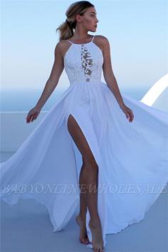 A-Line Elegant Appliques Halter Sleeveless Side-Slit Prom Dresses | www.babyonlinewholesale.com