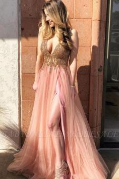 Stunning Sparkly Beads Applique Prom Dresses | Side slit Sleeveless Sexy Evening Dresses | www.babyonlinewholesale.com