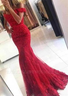 Glamorous Off-the-shoulder Lace Appliques Red Mermaid Evening Dress | www.babyonlinewholesale.com