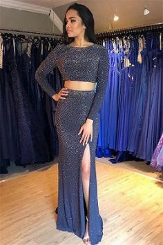 Glamorous Long-Sleeves Side-Slit Two-Pieces Mermaid Evening Dresses