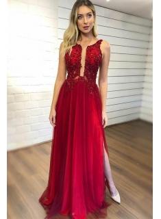 Schlichte Abedendkleider Lang Rot | Chiffon Abendmoden mit Spitze