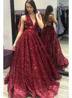 Rote Lange Abendkleider mit Glitzer | Ballkleider Online Kaufen