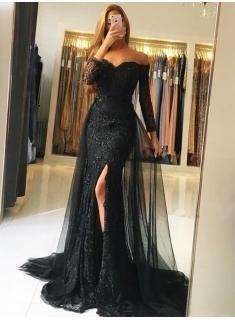 Fashion Abendkleid Mit Ärmel | Schwarze Abendkleider Lang Spitze