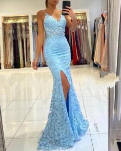 Elegante Abendkleider Blau | Spitze Abiballkleider Meerjungfrau