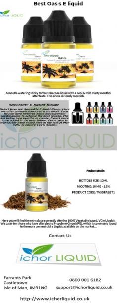 Premium Oasis - E Liquid

A mouth-watering sticky toffee tobacco e liquid with a cool & mild minty menthol aftertaste. This one is seriously moreish.