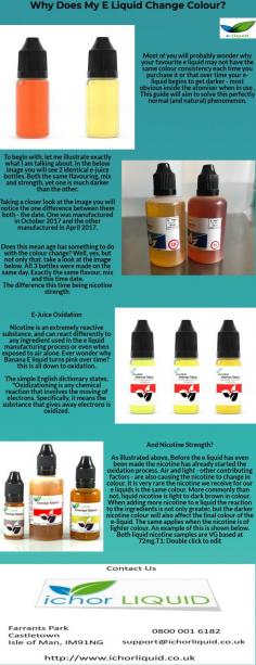 Why Does My E Liquid Change Colour?

Ever wonder why your favourite e liquid changes in colour over time or is a different colour each time it is purchased?. This guide explains why.