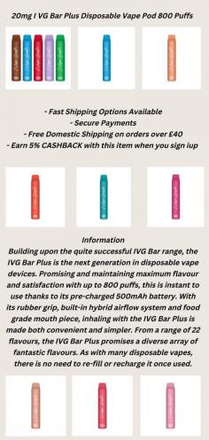 Building upon the quite successful IVG Bar range, the IVG Bar Plus is the next generation in disposable vape devices. Promising and maintaining maximum flavour and satisfaction with up to 800 puffs, this is instant to use thanks to its pre-charged 500mAh battery. With its rubber grip, built-in hybrid airflow system and food grade mouth piece, inhaling with the IVG Bar Plus is made both convenient and simpler. From a range of 22 flavours, the IVG Bar Plus promises a diverse array of fantastic flavours. As with many disposable vapes, there is no need to re-fill or recharge it once used. 
For more details,please visit at https://www.ichorliquid.co.uk/products/20mg-ivg-bar-plus-disposable-vape