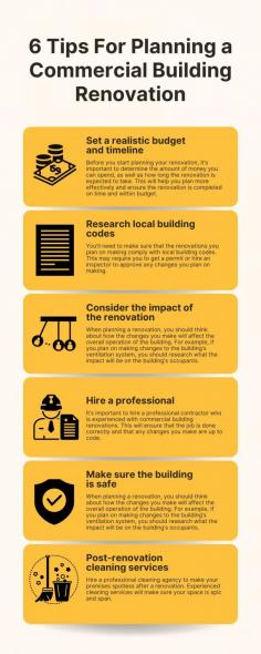 6 Tips For Planning a Commercial Building Renovation

The cost of a renovation project can be significant, but it is a worthwhile expense when the safety of many is at stake. Whether it’s modernizing the electrical system or making sure the building meets the latest safety codes, these renovations are essential for ensuring the safety of all who occupy the building.

1. Set a realistic budget and timeline. Before you start planning your renovation, it’s important to determine the amount of money you can spend, as well as how long the renovation is expected to take. This will help you plan more effectively and ensure the renovation is completed on time and within budget.

2. Research local building codes. You’ll need to make sure that the renovations you plan on making comply with local building codes. This may require you to get a permit or hire an inspector to approve any changes you plan on making.

3. Consider the impact of the renovation. When planning a renovation, you should think about how the changes you make will affect the overall operation of the building. For example, if you plan on making changes to the building’s ventilation system, you should research what the impact will be on the building’s occupants.

4. Hire a professional. It’s important to hire a professional contractor who is experienced with commercial building renovations. This will ensure that the job is done correctly and that any changes you make are up to code.

5. Make sure the building is safe. When planning your renovation, make sure to factor in any safety concerns. This could include ensuring that fire exits are clear and that the building is up to code with regard to electrical wiring, ventilation, and other safety measures.

6. Post-renovation cleaning services. Hire a professional cleaning agency to make your premises spotless after a renovation. Experienced cleaning services will make sure your space is spic and span.

It's evident that when a commercial building's owner undertakes renovations, they are making a commitment to both the property and its tenants. By investing in upgrades and improvements, they demonstrate that they value their tenant's rental payments and want to provide them with the best facilities and features possible.

If you're looking for a way to make post-renovation cleaning easier, why not hire professional commercial cleaning services in Singapore? These services can take care of all the hard work for you, ensuring your space is sparkling clean once the renovation is complete.

Learn more about commercial cleaning services in Singapore!