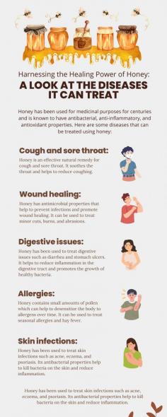 For centuries, honey has been used for its medicinal properties, thanks to its natural antibacterial, anti-inflammatory, and antioxidant properties. Not only is it delicious, but it has also been shown to be effective in treating a range of ailments, from coughs and sore throats to digestive issues and skin infections. This infographic shares the diseases that honey can treat and the science behind its healing properties. Whether you're a fan of honey or not, you might be surprised by the many health benefits it has to offer. If you're interested in discovering the healing power of honey, buy the best honey - Manuka Honey.