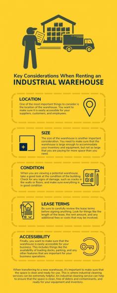 Key Considerations When Renting an Industrial Warehouse

This infographic provides a guide to help businesses make informed decisions when renting an industrial warehouse. Key considerations include the location, size, condition of the building, lease terms, and accessibility. Businesses need to ensure that the space they rent is accessible, in good condition, and meets their operational needs.

Furthermore, when transferring to a new warehouse, it is essential to ensure that the space is clean and ready for use. This is where industrial cleaning services come in. Hiring an industrial cleaning service in Singapore can help businesses ensure that the space is clean, free of debris and contaminants, and ready for their equipment and inventory. This can help save time and money, and ensure a smooth and successful transition to the new warehouse. Industrial cleaning services in Singapore offer various services such as warehouse cleaning, high-pressure cleaning, and industrial equipment cleaning. By hiring industrial cleaning services, businesses can focus on their operations and be assured of a clean and safe environment for their employees and customers.