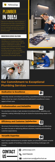 Choose excellence with our expert plumber in Dubai. Whether it's a leaky faucet, a clogged drain, or complex plumbing installations, our skilled technicians are equipped to handle it all. Count on us for efficient and effective plumbing solutions that prioritize your satisfaction and peace of mind. For more info visit here: https://yellowzap.com/services/plumbing-service-in-dubai/
